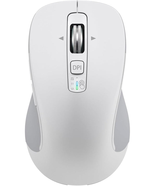 Wireless Bluetooth Mouse (USB + BT1 + BT2), Full Size, 4-Way Scrolling, Multi-Device Silent Mouse for Computer, Laptop, iPad, MacBook (White)