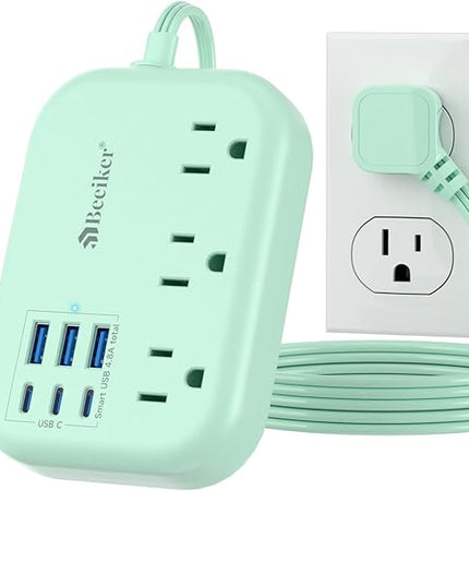 6 USB(3 USB C) Green Travel Power Strip- 5Ft Green Extension Cord with 6 USB Charging Station 24W and 3 Outlets, Cute Desk Accessories for Cruise Travel Kawaii Home Office Dorm Room