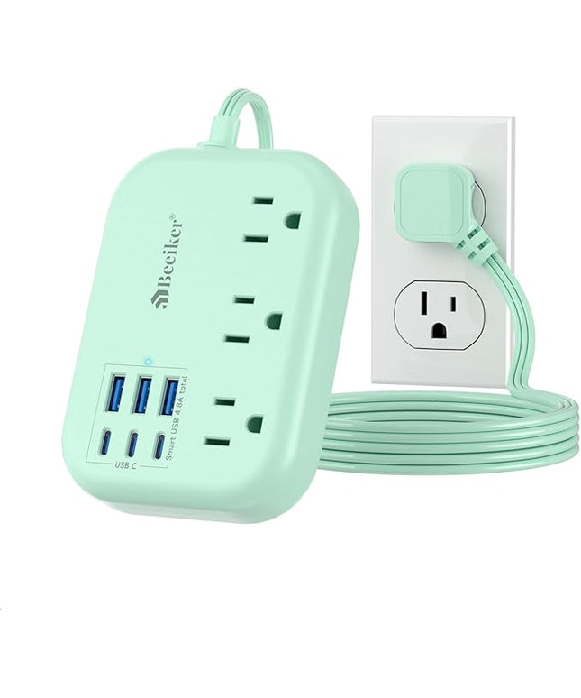 6 USB(3 USB C) Green Travel Power Strip- 5Ft Green Extension Cord with 6 USB Charging Station 24W and 3 Outlets, Cute Desk Accessories for Cruise Travel Kawaii Home Office Dorm Room