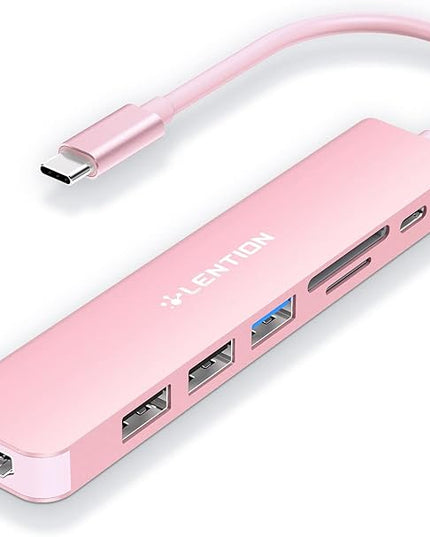 LENTION USB C Hub with 100W Charging, 4K HDMI, Dual Card Reader, USB 3.0 & 2.0 Compatible MacBook Pro, New Mac Air/Surface, Chromebook, More, Stable Driver Adapter (CB-CE18, Rose Gold)