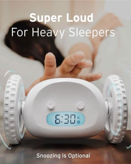 CLOCKY Alarm Clock on Wheels – Loud Rolling Alarm Clock for Heavy Sleepers | Runaway Clock That Jumps & Runs to Wake You Up | Funny Unique Gift for Adults & Teens (White)