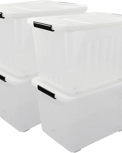 4 Packs 70L Large Plastic Storage Container with Wheels and Latching Lid, Stackable Storage Containers Bin, Clear