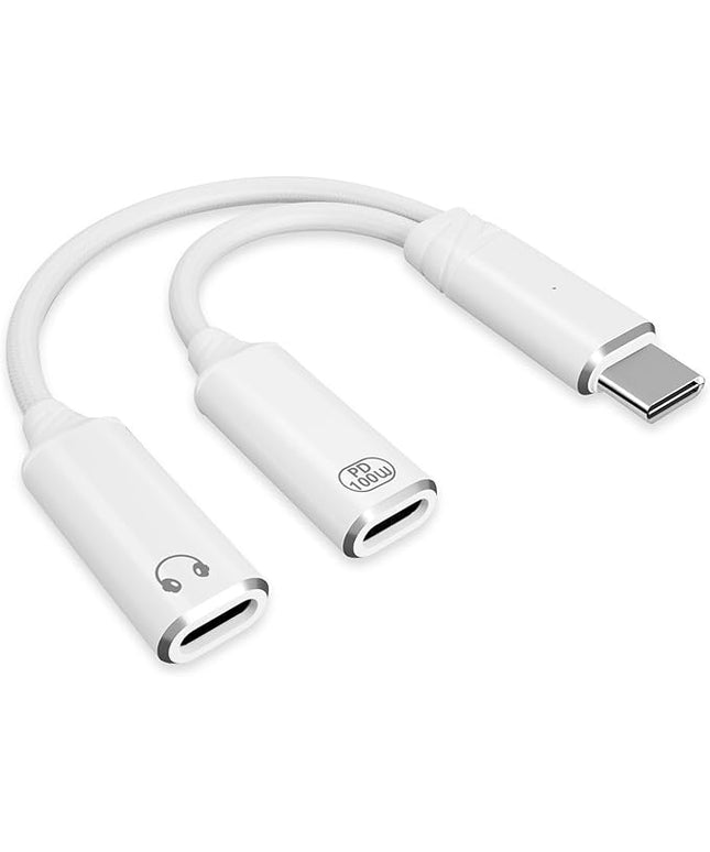 USB C Splitter，2 in 1 USB C Headphone and Charger Adapter Audio Dongle Cable with PD 100W for iPhone 16 15 Pro Max, Pixel 9 8 7, Galaxy S24 S23 S22, iPad Pro (White)