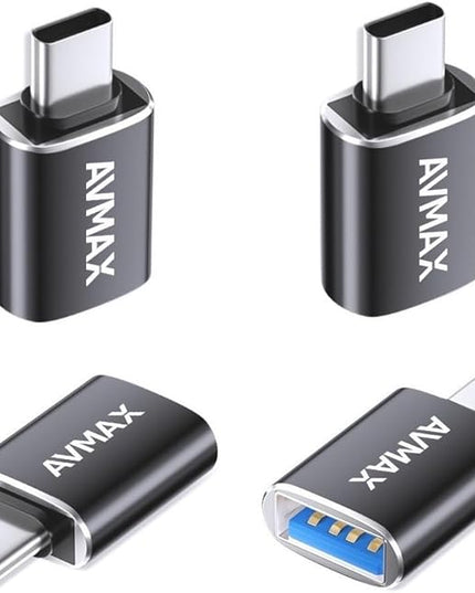 AVMAX USB C to USB A Adapter 4 Pack, USBC Male to USB A 3.0 Female OTG Adapter, Type C Male to Type A Female 3.0 OTG Adapter for Apple iPhone 16 15, Flash Thumb Drive,Mac,iPad,Samsung Galaxy