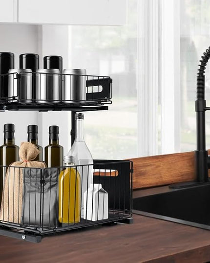Under Sink Organizer, Multi-Purpose Sliding Cabinet Storage 2 Tier Sink Organizer, Adjustable Kitchen Organizers and Storage, Easy Install & Clean, Black