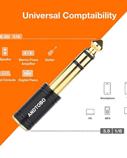ANDTOBO 1/4''(6.35mm) Male to 1/8'' (3.5mm) Female Stereo Audio Jack Pure Copper Adapter for Headphone, Amp, 3 Pack-Black