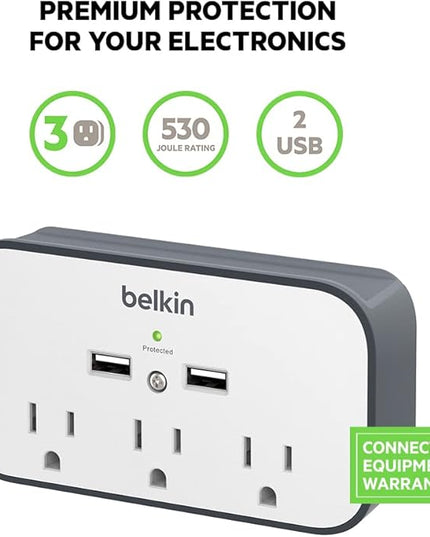 Belkin Wall Mount Surge Protector - 3 AC Multiple Outlet Extender & 2 USB Ports - Flat Rotating Plug Wall Mount Cradle for Home, Office, Travel, Computer Desktop & Charging Brick (540 Joules) - 4 Pack