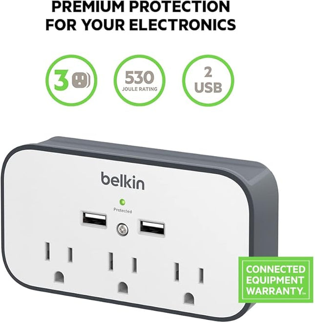 Belkin Wall Mount Surge Protector - 3 AC Multiple Outlet Extender & 2 USB Ports - Flat Rotating Plug Wall Mount Cradle for Home, Office, Travel, Computer Desktop & Charging Brick (540 Joules) - 4 Pack
