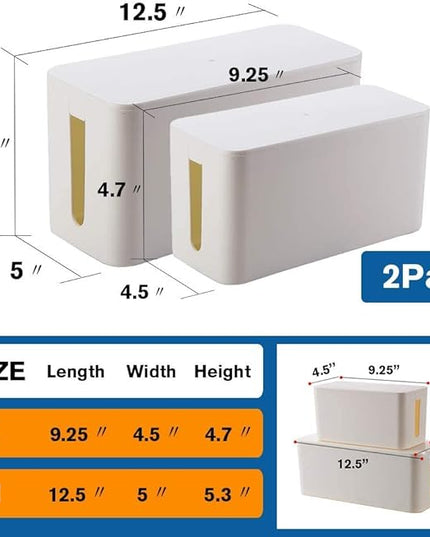 Cable Management Box Organizer, Pack of 2 Wire Concealer to Cover Hide Surge Protector & Power Strip on Desk Floor, with 5 Cord Fastening Tapes for Office, Home, Kitchen (Ice White)