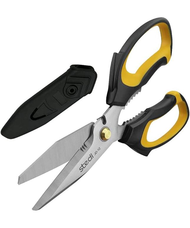 Stedi Scissors Heavy Duty 8-Inch,Multipurpose Scissors,Sharp Stainless Steel Shears with Serrated Edge & Protective Cover,Non-Slip Handle,Easy Cutting Cardboard, Carpet,Leather, Fabric, Wires, Yellow