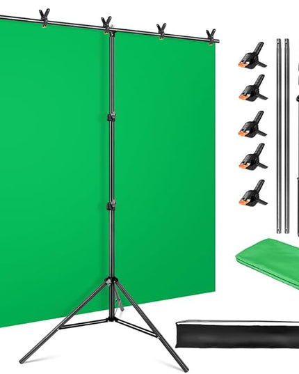 Green Screen Backdrop Kit, 5 x 6.5 ft Portable Chromakey Green Screen with T-Shaped Stand & Carrying Bag & 5 Clamps, Greenscreen Background for Streaming, Gaming, Zoom