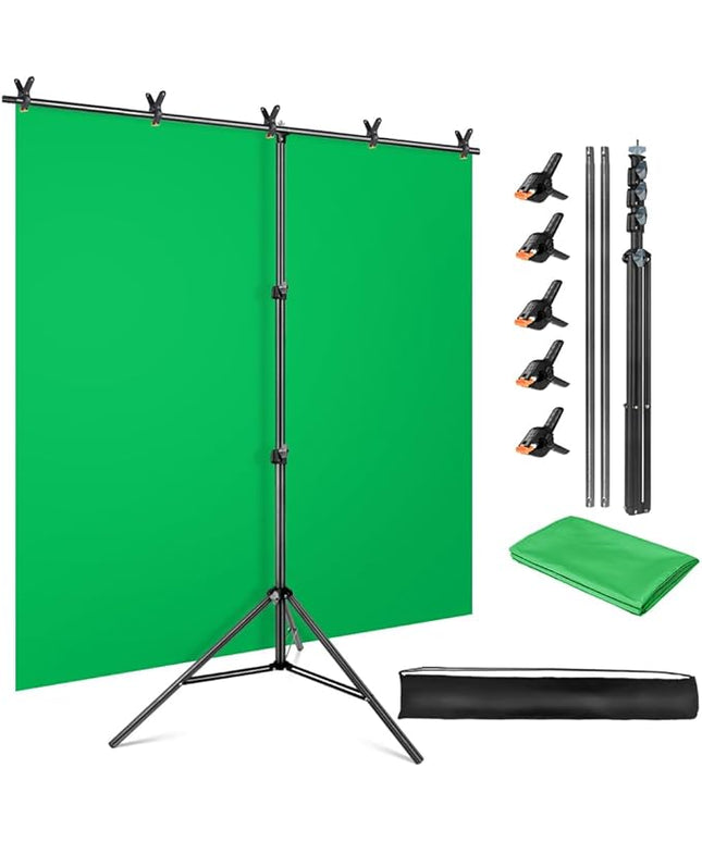 Green Screen Backdrop Kit, 5 x 6.5 ft Portable Chromakey Green Screen with T-Shaped Stand & Carrying Bag & 5 Clamps, Greenscreen Background for Streaming, Gaming, Zoom