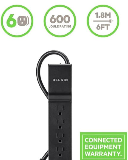 Belkin Power Strip Surge Protector with 6 AC Multiple Outlets - Flat Rotating Plug, 6 ft Long Heavy-Duty Extension Cord for Home, Office, Travel, Computer Desktop & Charging Brick (600 Joules) 3PK