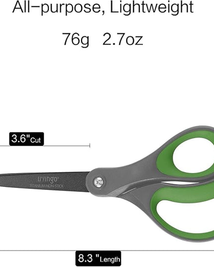 LIVINGO Sharp Scissors All Purpose - 2 Pack 8 Inch Titanium Coated Non Stick Steel Shears Heavy Duty for Office Home School Sewing Crafting Cutting Paper Fabric, Comfortable Grip (Gray & Green)