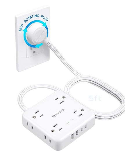 TROND 360° Rotating Plug Power Strip, 5FT Flat Extension Cord with Multiple Outlets 4 USB (2 USB C), Wall Mount Surge Protector 1440 Joules for Home Office Travel Dorm Room Essentials, White