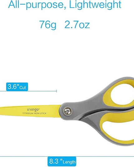 LIVINGO 8" 2 Pack Scissors, Titanium Coated Sharp Stainless Steel Non-stick Scissors All Purpose, Comfort Grip Handles Shears for Office Home Supplies Crafting DIY Cutting Tape Adhesive General Use
