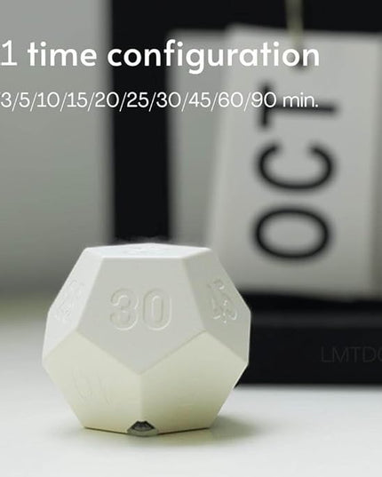 Mini 12 Sided Cube Timer, 11 Preset Times Pomodoro Timer for Enhanced Productivity. Ideal for ADHD Management, Workout, Study & Kitchen Cooking. Easy to Use（White）