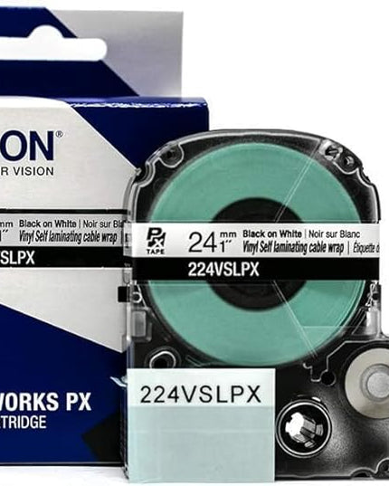 Epson LABELWORKS 224VSLPX-5PK Genuine Tape Cartridge - 5 Pack Black on White Flexible and Durable Vinyl Self Laminating Overwrap Industrial Label Maker Tape - 1" (24MM) Wide, 26.2 ft 5 Cartridges