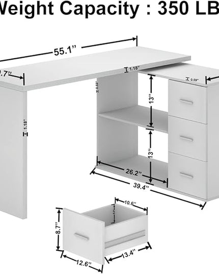 HSH White L Shaped Desk with Drawers Shelves, 360 Rotating L Shape Computer Desk with Storage Cabinet, Corner Home Office Desk Computer Table，55 Inch