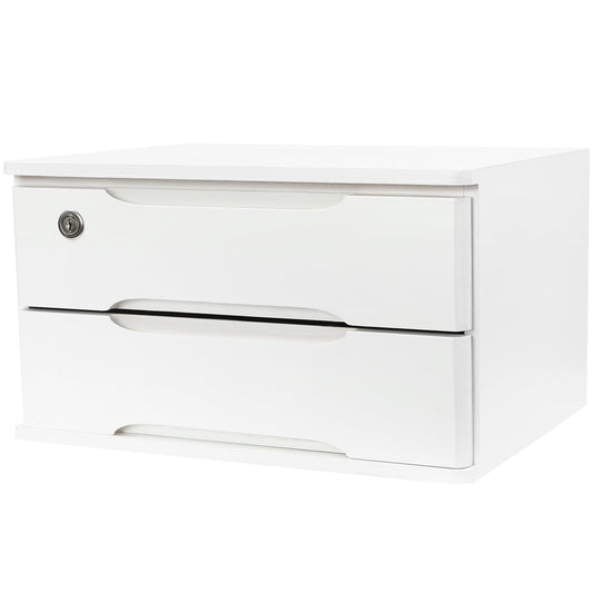 iSamLam Wood Desk Organizer with 2 Drawers, Lockable Desktop Countertop Storage Cabinet for Home Office Supplies File Tabletop Organizing Unit (White)