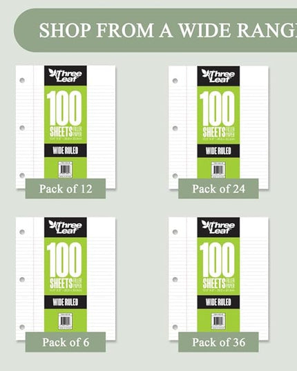 THREE LEAF 100 SHEETS WIDE RULED FILLER PAPER, PACK OF 36, LOOSE-LEAF SHEETS FOR SCHOOL AND OFFICE 100 CT. FILLER PAPER, NOTEBOOK PAPER