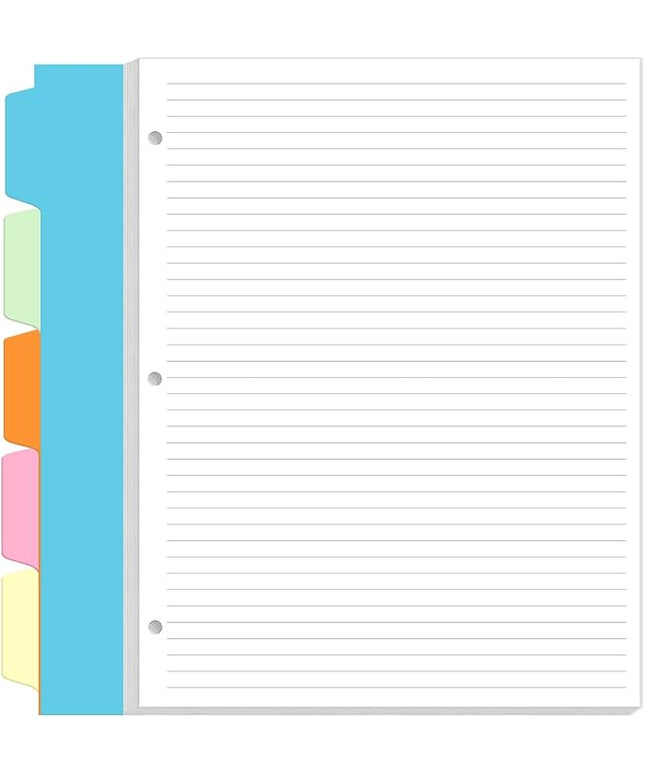 3 Hole Lined Paper for A4 Binder - 50 Sheets/100 Pages Loose Leaf Paper Line Refills, 5 Sheets Dividers, 8.5" x 11"