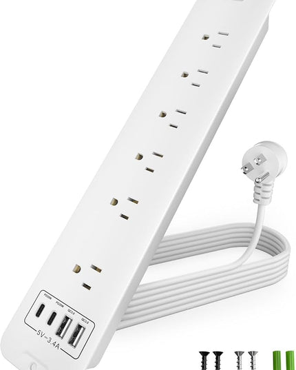 Recessed Power Strip Extension - 10 Outlet Surge Protector with 6 AC - 2 USB-A（18W） and 2 USB-C（PD20W） Ports - Flush Mount Desk Outlet with 6 Feet Cord - for Conference Table (White)