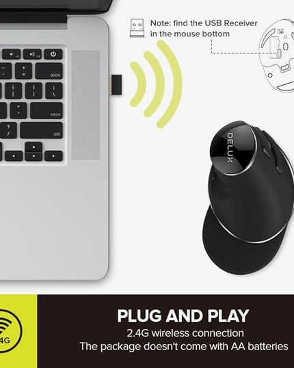 DELUX Ergonomic Vertical Mouse, Wireless Ergo Mouse for Large Hands, 2.4G Connection, Silent Clicks, Up to 1600 DPI,6 Buttons, Removable Wrist Rest, Compatible with Laptop/PC (M618Plus Wireless-Black)