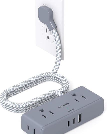 Extension Cord 10 ft, BESHON Flat Plug Power Strip, 4 Widely Outlets with 3 USB Ports (2 USB C), Extension Cord with Multiple Outlets for Home, Office, Dorm Room Essentials Gray