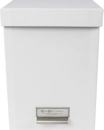 Bigso John Fiberboard Label Frame Desktop File Storage Box - Document Organizer for Important Paperwork - Durable Hanging File Box with a Lid & Metal Label Window - 7.36 x 13.38 x 10.51 in - White