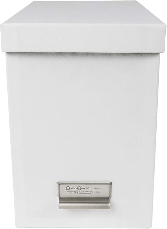 Bigso John Fiberboard Label Frame Desktop File Storage Box - Document Organizer for Important Paperwork - Durable Hanging File Box with a Lid & Metal Label Window - 7.36 x 13.38 x 10.51 in - White