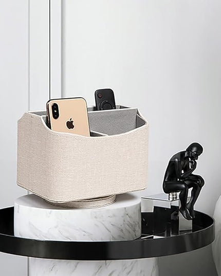UnionBasic Rotating Desk Organizer, 360 Degree Desk Spinning Caddy, Desktop TV Guide/Mail/Media/Remote Controller Holder Organizer, Linen Texture Leather Beige