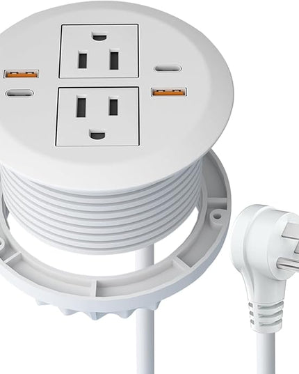 Desktop Power Grommet,Dual PD20W USB C,40W Total Output,4 USB Ports,Flush Mounted for 3-1/8" Desk Grommet Holes,Round Recessed Outlet,ETL-Certified,Flat Plug,6.4 ft,White
