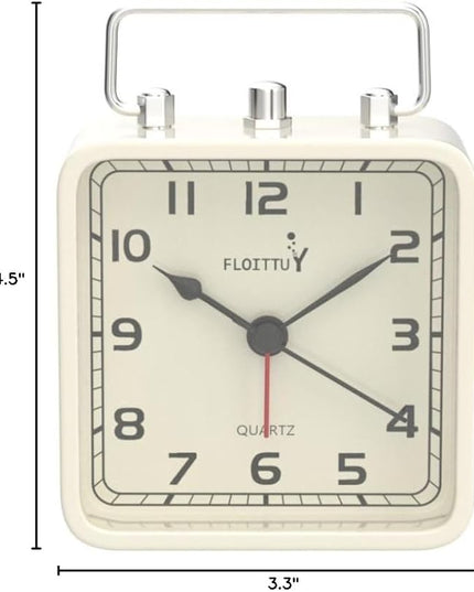 FLOITTUY Square Metal Beep Alarm Clock Silent No Ticking, Snooze and Battery Operated, Night Light and Desk Clock for Bedroom/Travel/Kids, Easy Set(Cream White)