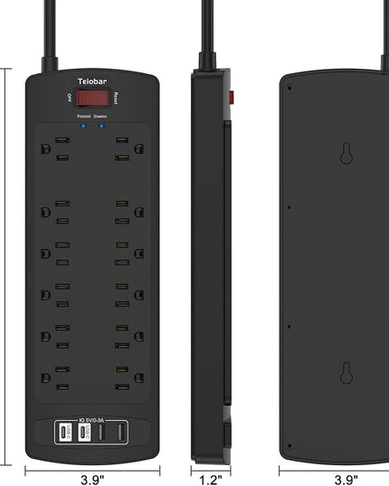 6 Ft Extension Cord Power Strip, Teiobar Surge Protector with 12 AC Outlets and 4 USB Ports for Home, Office, Dorm Essentials, 1875W/15A, 2700 Joules, ETL Listed, Black