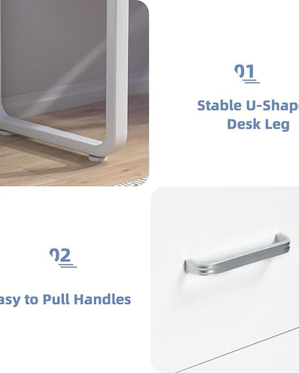 White Desk with 3 Drawers, 67 Inch Office Desk with Long Monitor Stand & Printer Shelf, Reversible Computer Desk with LED Lights for Bedroom