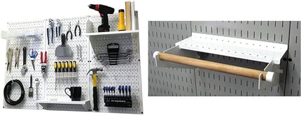 Wall Control Pegboard Organizer 4 ft. Metal Pegboard Standard Tool Storage Kit & Pegboard Paper Towel Holder and Dowel Rod Pegboard Shelf Assembly for Pegboard and Slotted Tool Board – White