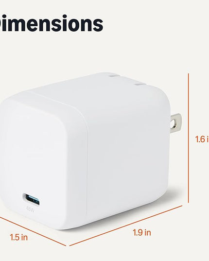Amazon Basics Fast Charging USB C Nano GaN Wall Charger, 65W 1-Port PD 3.1 for Laptops Tablets Phones, White