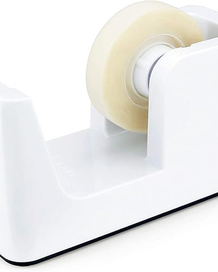 ABEL SimpleWork Desktop Tape Dispenser, White, 1 in Core, Non-Skid Weighted Base, Tape Cutter for Office, Home, School, and Crafts