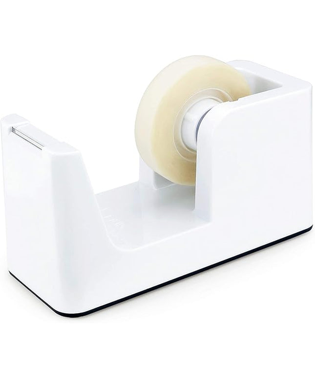 ABEL SimpleWork Desktop Tape Dispenser, White, 1 in Core, Non-Skid Weighted Base, Tape Cutter for Office, Home, School, and Crafts
