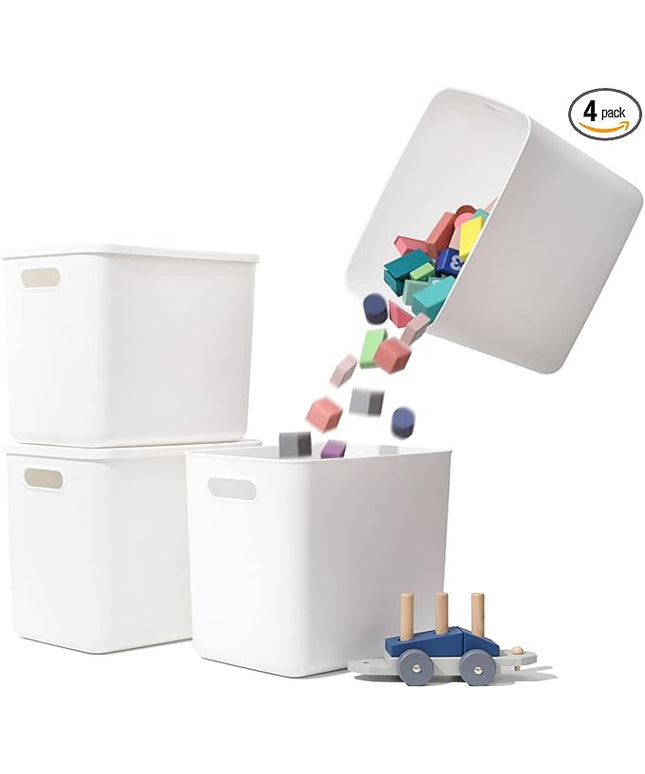 Plastic Storage Baskets Bins Boxes With Lids,Organizing Container White Storage Organizer Bins For Shelves Drawers Desktop Playroom Classroom Office,4-Pack