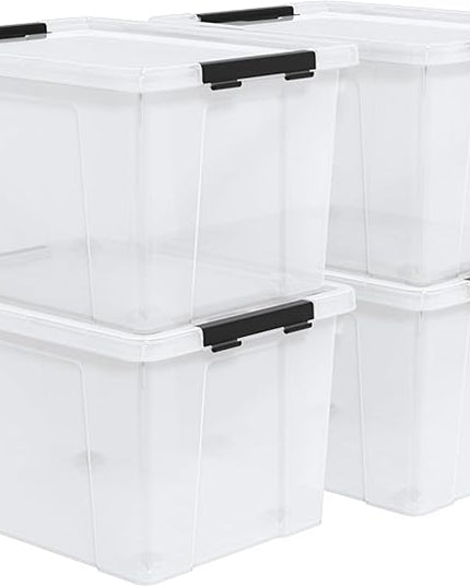Set of 4 50 L Stackable Plastic Storage Container with Latching Lids and Wheels, Clear Home Garage Organization Bins Box, See-Through