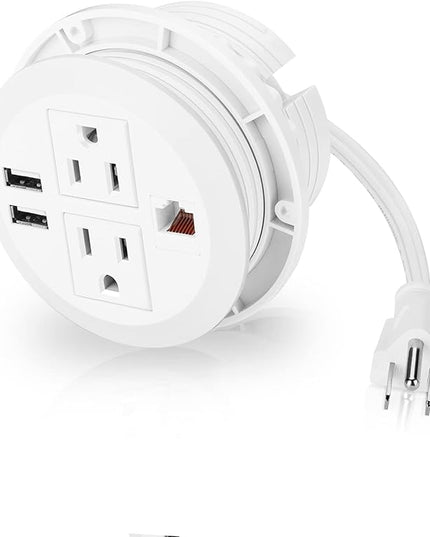 BTU Desktop Power Grommet with USB, 3 inch Hole Recessed Power Outlet, Flush Mount Power Strip Outlet with 2 AC Outlet & 2 USB Ports & 1 CAT6 & 10ft Power Cords for Table, Office, Home, Hotel, White