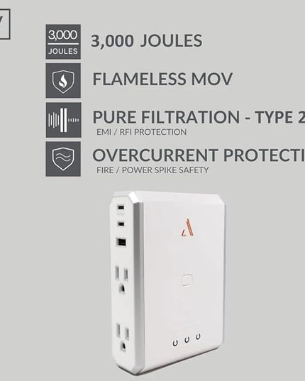 Austere V Series, Appliance Wall Power 4 Outlet Surge Protector for Kitchen, 3000 Joules, 1 USB-C 20W Fast Charger, 2.4 amps USB-C and A Ports, Overcurrent Protection, 5 Year Component Guarantee