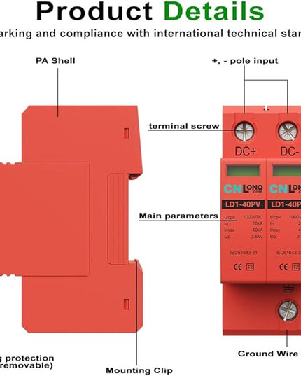 2P 40KA Voltage Surge Protector DC 1000V Solar PV Lightning Arrester Device for Rv, Home Lightning Protection System 35mm DIN Rail Mount (2pcs)