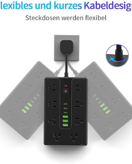 Power Board Surge Protector with 16 sockets, Equipped with 3 USB A and 3 USB C Ports, Suitable for Various Devices, Including Home, Office, and Dormitory (black6.5FT)