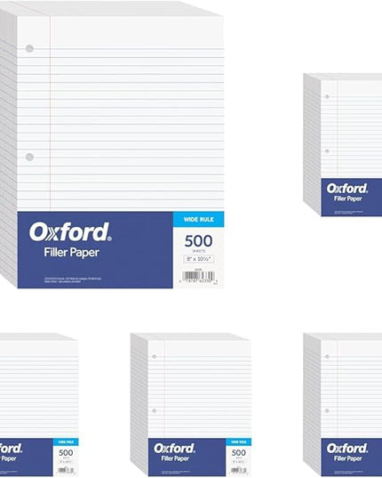 Oxford Filler Paper, 8 x 10-1/2 Inch Wide Ruled, 3 Hole Punch, Loose Leaf Notebook Paper for 3 Ring Binders (62330), white (Pack of 2500)