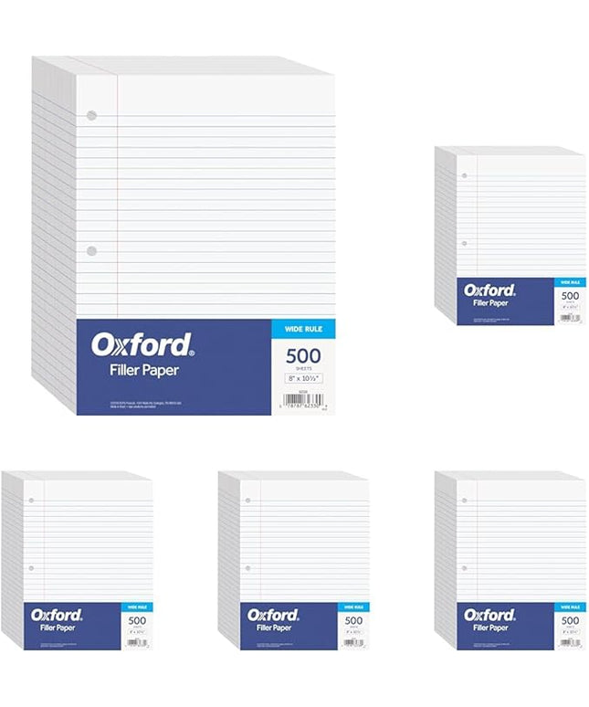 Oxford Filler Paper, 8 x 10-1/2 Inch Wide Ruled, 3 Hole Punch, Loose Leaf Notebook Paper for 3 Ring Binders (62330), white (Pack of 2500)