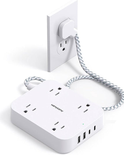 Flat Extension Cord 3 Ft, HANYCONY Power Strip with 4 USB Ports(2 USB C), 4 Widely Outlets Extender, Wall Mount, Desk Charging Station for Office, Travel and Dorm Room Essentials, ETL Listed