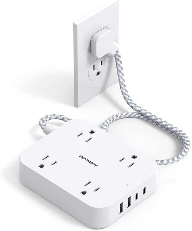 Flat Extension Cord 3 Ft, HANYCONY Power Strip with 4 USB Ports(2 USB C), 4 Widely Outlets Extender, Wall Mount, Desk Charging Station for Office, Travel and Dorm Room Essentials, ETL Listed